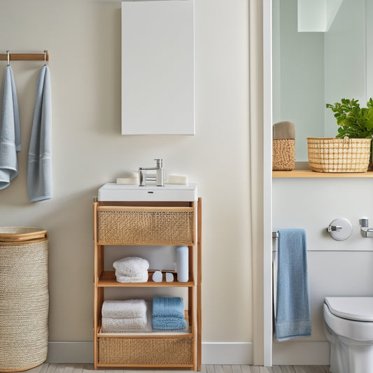 A minimalist bathroom with a pedestal sink, surrounded by clever storage solutions: woven baskets under the sink, a wall-mounted shelf with rolled towels, and a hanging organizer with toiletries.