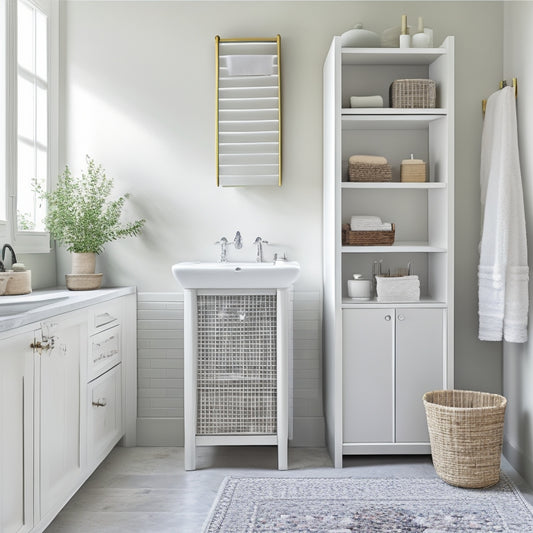 A serene, minimalist bathroom with a wall-mounted cabinet, a pedestal sink with a woven basket underneath, and a tension rod with hanging storage bins, surrounded by calming white and gray tones.