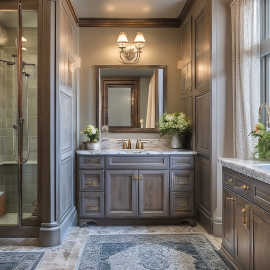 A beautifully styled bathroom with a distressed wooden cabinet featuring ornate metal hardware and a marble countertop, surrounded by modern fixtures and a large walk-in shower with glass doors.