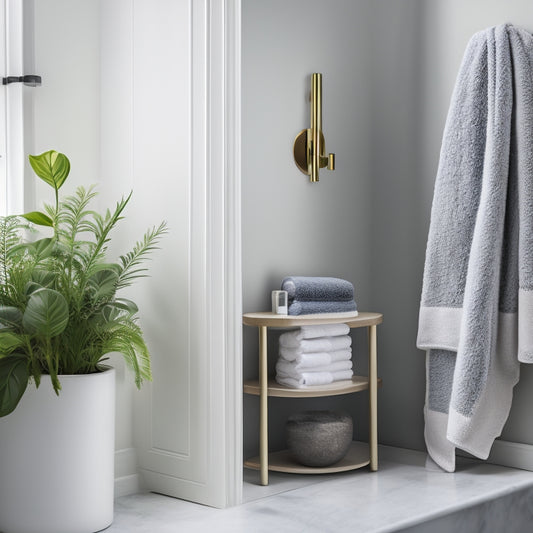 A serene small bathroom with a sleek, white wall-mounted shelf featuring three neatly arranged rolled towels, a small potted plant, and a decorative glass vase, against a soft gray background.