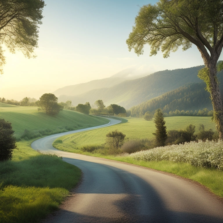 A serene landscape with a winding road leading to a subtle, shining light, symbolizing guidance, surrounded by lush greenery and a calm, sunny sky with fluffy white clouds.