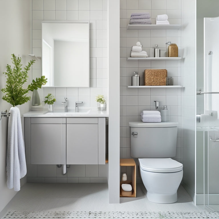 A clutter-free, minimalist bathroom with a wall-mounted cabinet, a pedestal sink with a slide-out drawer, and a shower caddy with suction cups, surrounded by a calming, light gray and white color scheme.