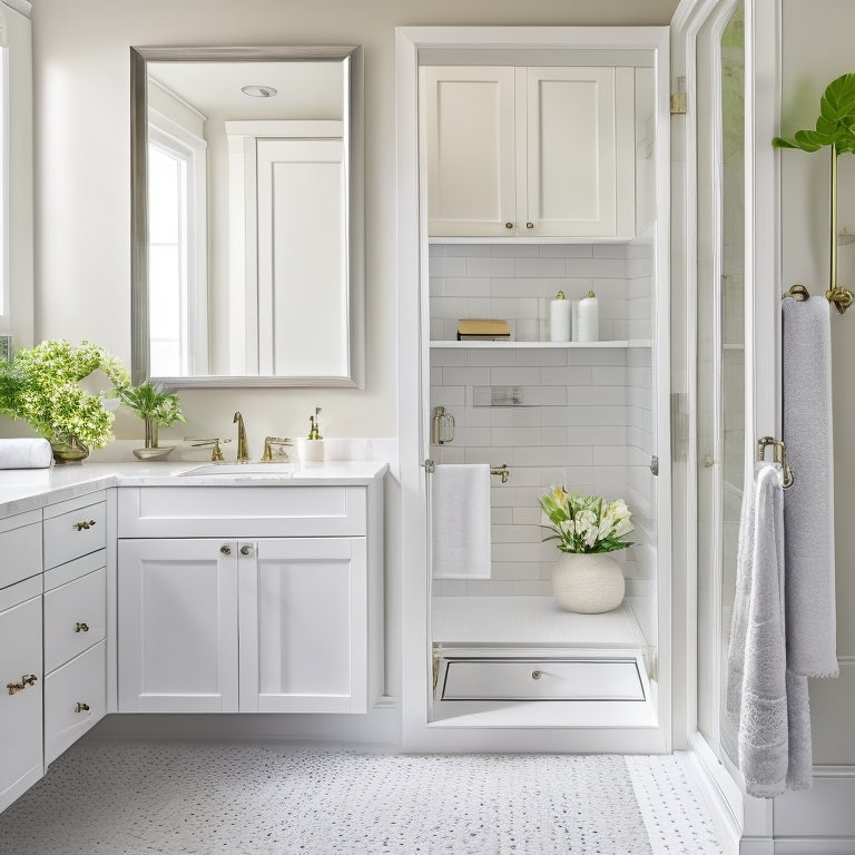 A serene, well-lit bathroom with a sleek, white vanity, adorned with a few neatly arranged toiletries, and a wall-mounted cabinet with translucent glass doors revealing organized towels and linens.