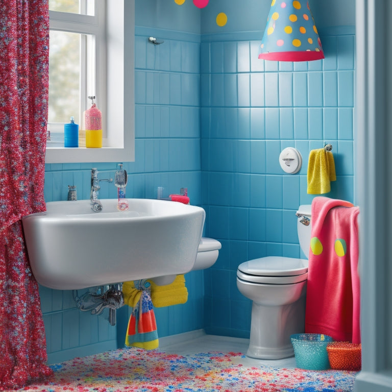 A whimsical bathroom scene with a toilet wearing a party hat, a sink with a goofy grin, and a shower curtain featuring playful, colorful polka dots and a few strategically placed "splashes" of water.