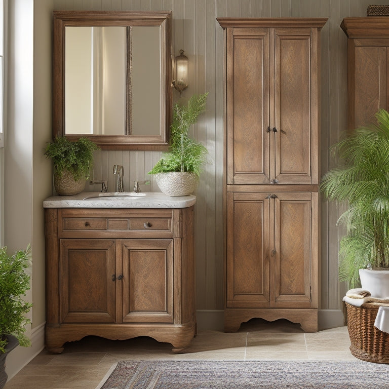A serene bathroom scene featuring a stylish wood storage cabinet with ornate carvings, surrounded by lush greenery, soft lighting, and sleek fixtures, with a few rolled towels and decorative bottles on top.