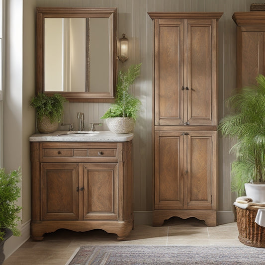 A serene bathroom scene featuring a stylish wood storage cabinet with ornate carvings, surrounded by lush greenery, soft lighting, and sleek fixtures, with a few rolled towels and decorative bottles on top.