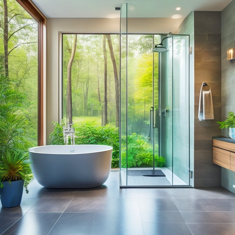 A serene, modern bathroom with a walk-in shower featuring a rainfall showerhead, glass enclosure, and sleek, gray stone flooring, paired with a freestanding tub surrounded by lush greenery and soft, warm lighting.