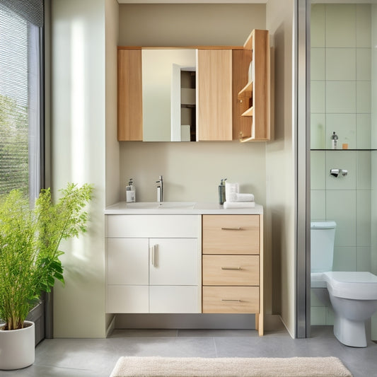 A minimalist, modern bathroom with a sleek, wall-mounted cabinet featuring adjustable shelves and baskets, surrounded by a few towels and decorative soap dispensers, with soft, natural light.