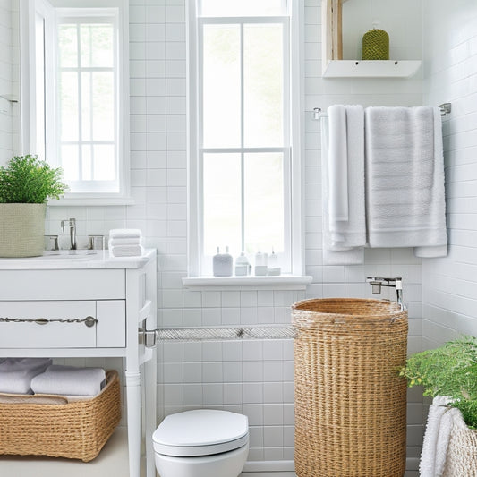 A bright, white bathroom with a few clever storage solutions: a woven basket under the sink, a magnetic board on the side of a cabinet, and a tension rod with hanging baskets.