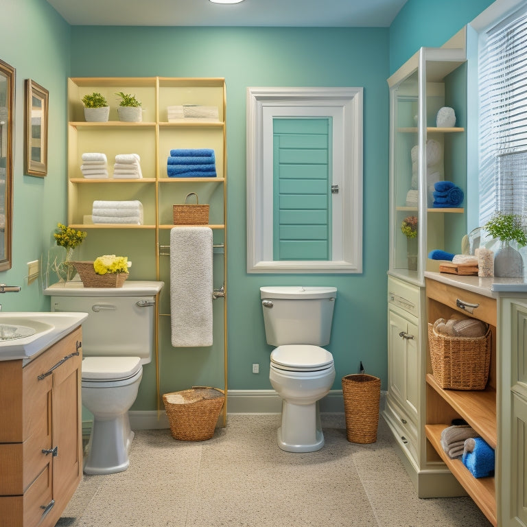 A serene, well-lit bathroom with a senior-friendly layout: a walk-in shower with grab bars, a raised toilet seat, and a nearby storage cabinet with easy-grip handles and labeled baskets.