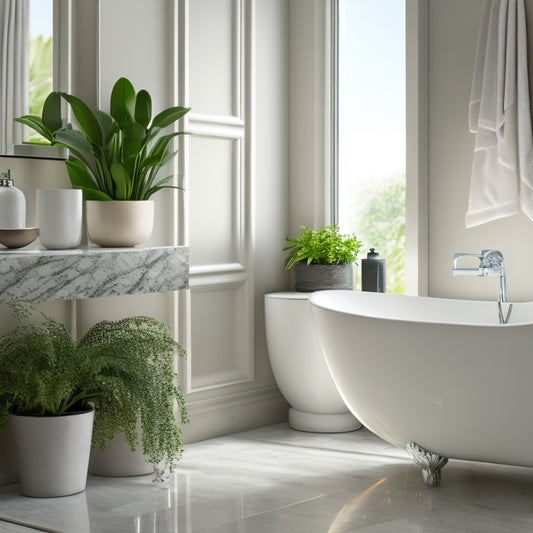 A serene bathroom scene featuring a sleek, modern bathtub with a corner shelf in polished chrome, holding a few luxurious towels and a potted orchid, surrounded by creamy marble and soft, warm lighting.