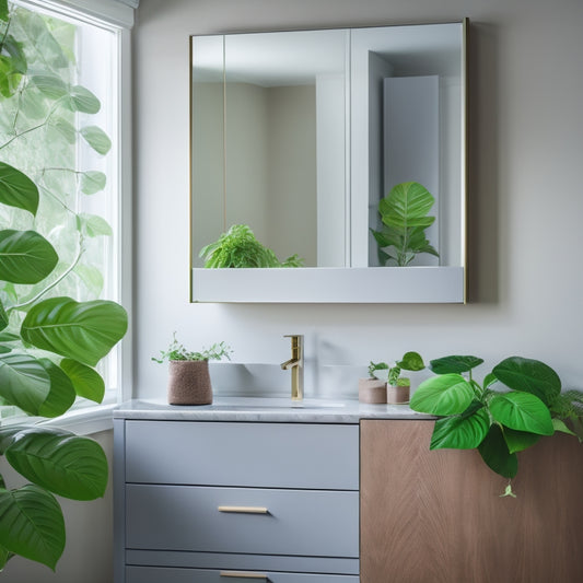 A modern, minimalist bedroom with a wall-mounted cabinet mirror above a floating vanity, surrounded by soft, warm lighting, and a few lush green plants on the countertop.