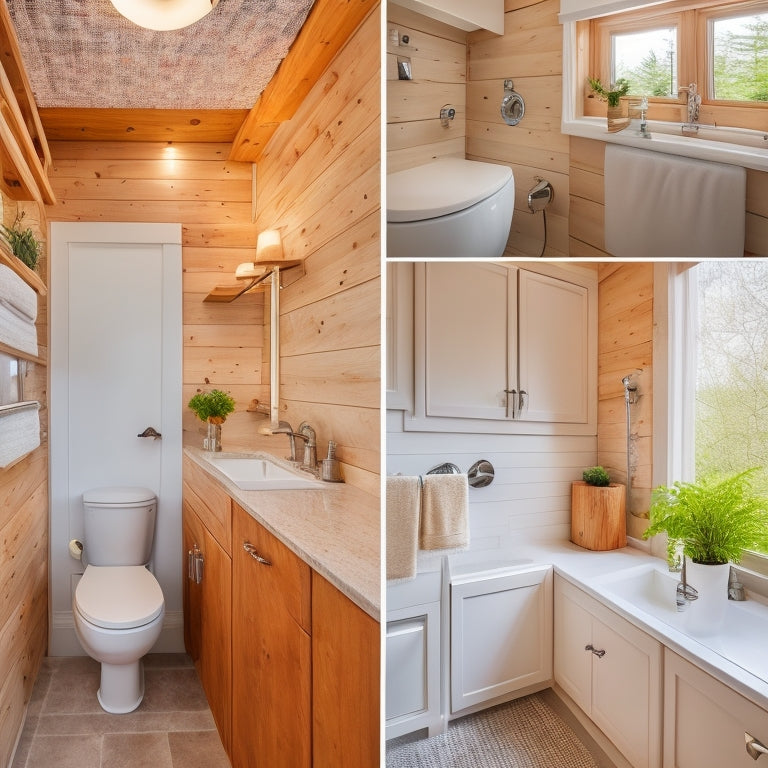 A serene, clutter-free tiny house bathroom with a compact sink, toilet, and shower, featuring 10 clever storage solutions, including baskets, shelves, and hidden compartments, in a calming, natural color palette.