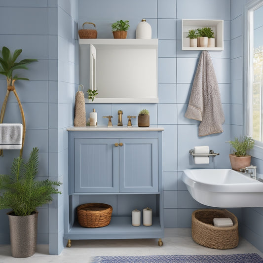 A serene bathroom with a large, wall-mounted cabinet featuring open shelves, displaying a few rolled towels, a decorative vase, and a small potted plant, set against a soft, gray-blue background.