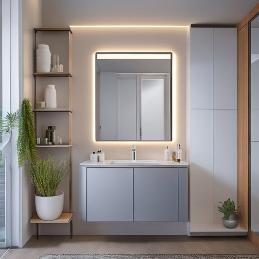 A modern bathroom with a large, rectangular mirror above a sleek, wall-mounted medicine cabinet with LED lighting, open shelves, and a mirrored door, reflecting a tidy countertop and sink.