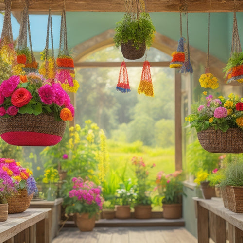 A vibrant, overhead shot of a bohemian-style room with three to five woven hanging baskets of varying sizes, adorned with lush greenery and colorful flowers, suspended from a wooden beam.