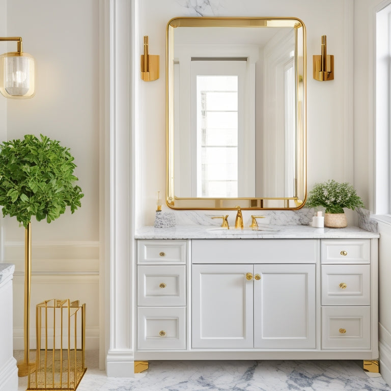 A bright, modern bathroom with a sleek, white vanity featuring soft-close drawers, ornate gold hardware, and a large, oval mirror above, surrounded by crisp white walls and polished marble floors.
