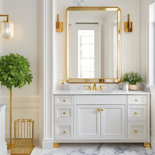A bright, modern bathroom with a sleek, white vanity featuring soft-close drawers, ornate gold hardware, and a large, oval mirror above, surrounded by crisp white walls and polished marble floors.