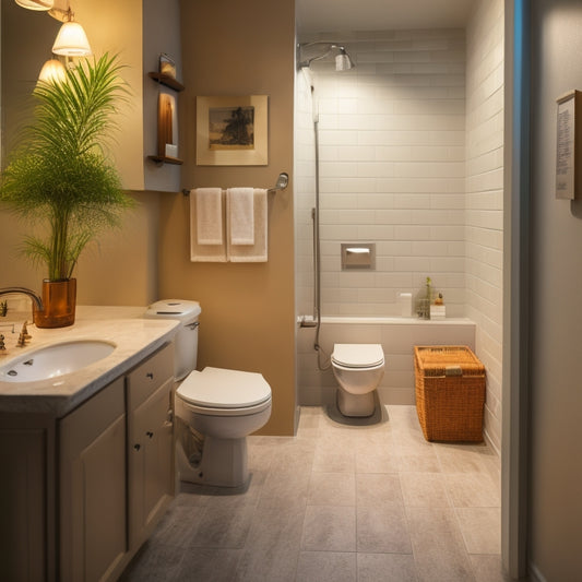 A dimly lit basement bathroom transformed into a bright, modern oasis with a pedestal sink, wall-mounted toilet, and a shower with a glass enclosure, surrounded by warm beige and white tile.