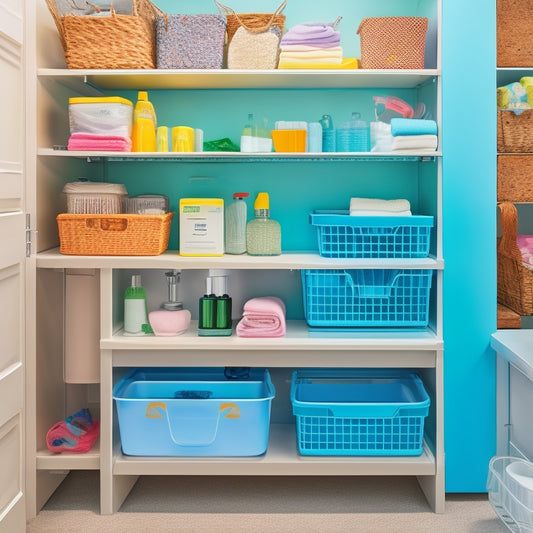 A bright, organized under-sink area featuring stackable bins, pull-out drawers, and a hanging organizer. Soft lighting highlights neatly stored cleaning supplies, sponges, and dish soap, all arranged for easy access and maximum space efficiency.