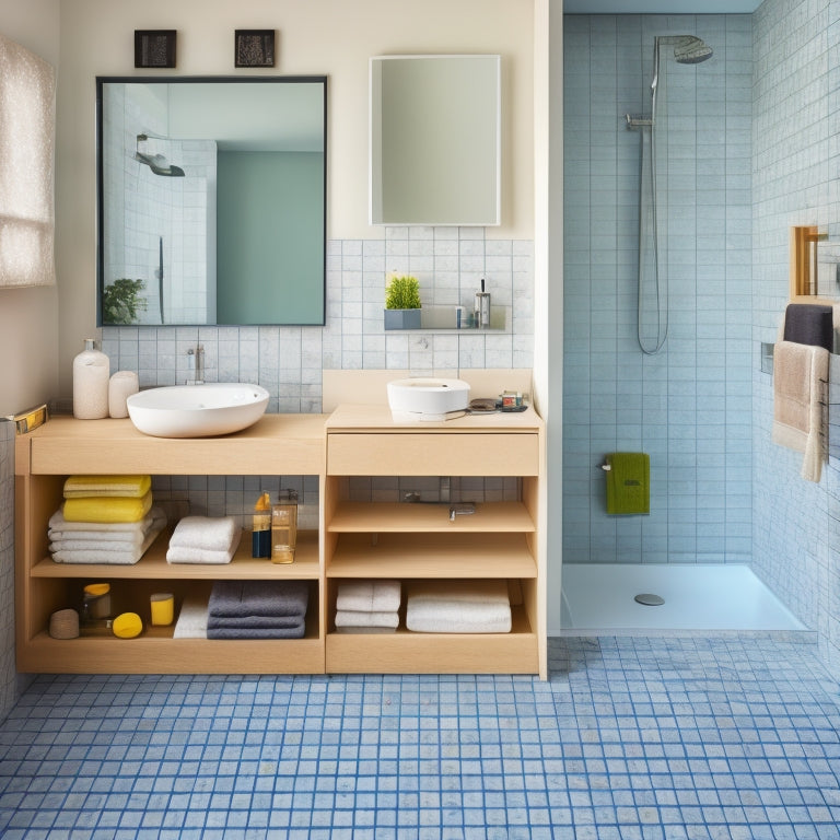 A modern bathroom with a wall-mounted drawer unit, open drawers revealing organized contents, a tape measure and level on the countertop, and a subtle grid pattern on the floor to represent measurement planning.