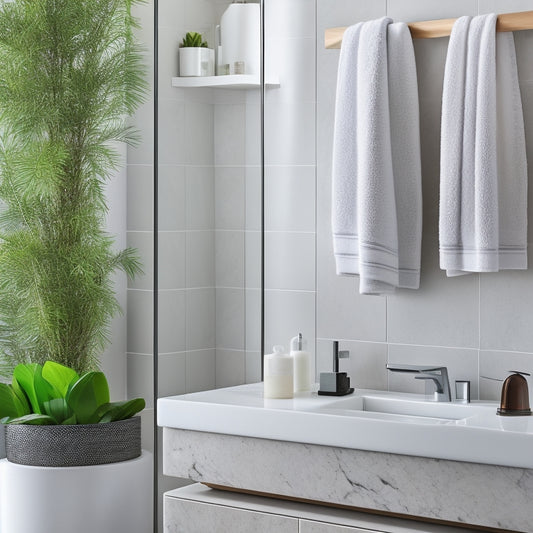 A sleek, modern bathroom with a towel bar shelf installed above a sink, holding three rolled towels and a decorative plant, against a calming gray and white marble background.