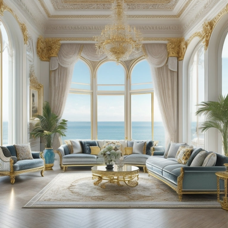 A lavish interior scene: a spacious, high-ceilinged living room with cream marble floors, velvet sofas, and ornate gold accents, set against a backdrop of floor-to-ceiling windows overlooking the Adriatic Sea.