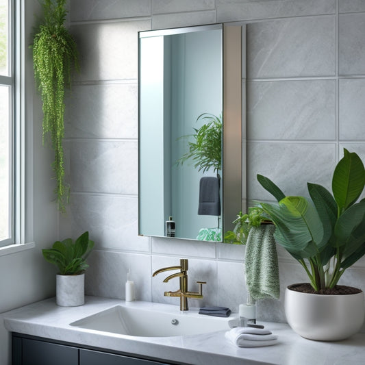 A sleek, wall-mounted medicine cabinet with a large, recessed mirror and ambient LED lighting, set against a calming gray and white marble bathroom backdrop, with a few decorative towels and plants nearby.