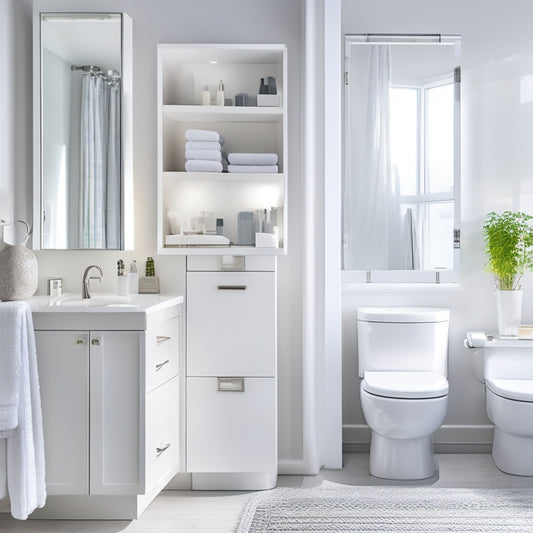 A serene, well-lit bathroom with a crisp white background, featuring a few sleek, modern corner storage units in various shapes and sizes, filled with neatly organized toiletries and towels.