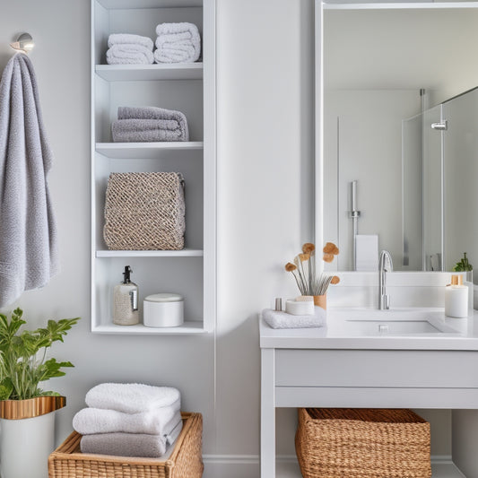 A modern bathroom with creamy white walls, sleek gray countertops, and a large mirror, featuring a floating shelf with rolled towels, a wicker storage basket, and a few decorative bottles.