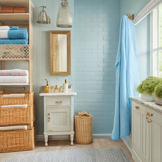 A serene bathroom with a wall-mounted, ladder-like storage unit holding rolled towels, a woven basket, and a few decorative bottles, alongside a floor-to-ceiling cabinet with recessed handles.