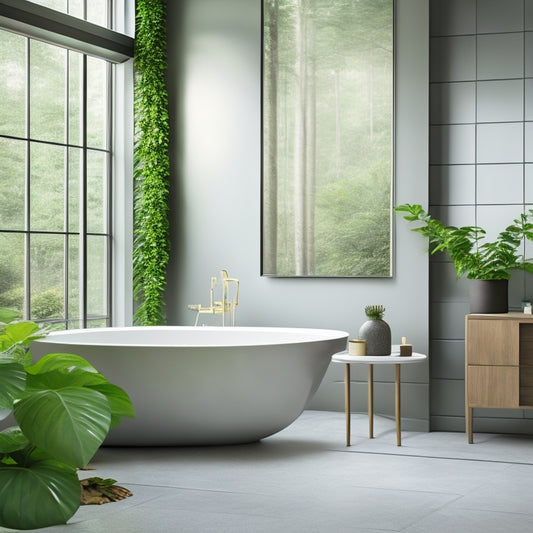 Generate an image featuring a sleek, minimalist bathroom with a freestanding tub, large format tiles, and a statement light fixture, surrounded by lush greenery and natural textures.