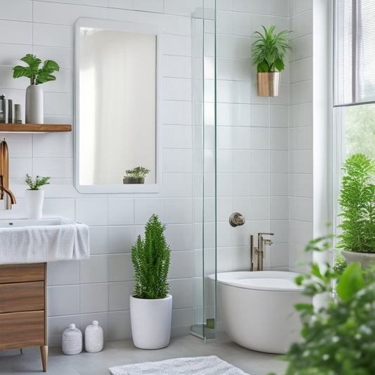 A serene, modern bathroom with a sleek white corner shelf, holding a few rolled towels and a small potted plant, against a backdrop of gleaming white tiles and a large, frosted glass shower door.