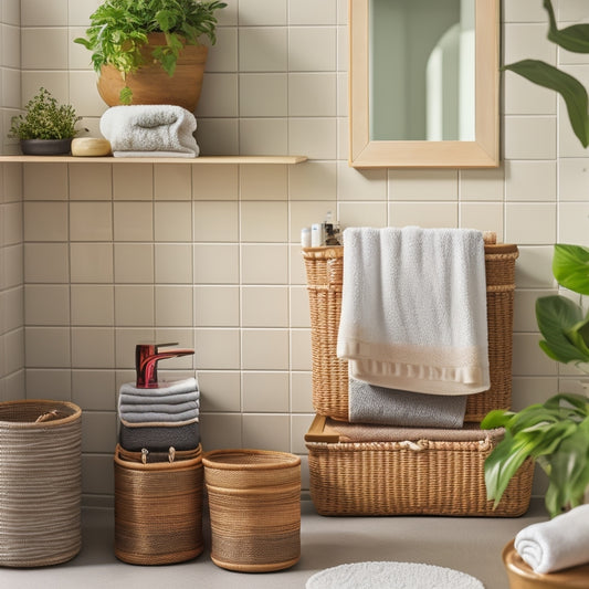 A serene bathroom scene featuring a wall-mounted shelf with three woven baskets in descending sizes, holding rolled towels, toiletries, and a potted plant, against a soft grey background.