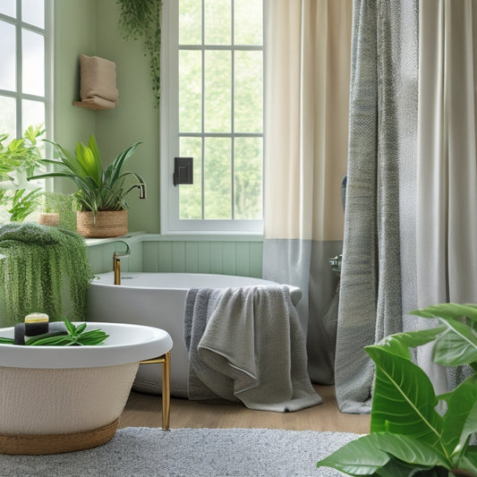 A serene bathroom scene with a freestanding tub, surrounded by lush greenery, featuring a stylish shower curtain, modern sink, and a decorative basket filled with plush towels and bathroom essentials.