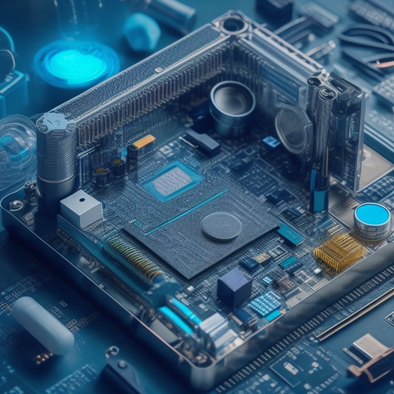 An intricate illustration of a desktop computer's internal components, with a magnifying glass hovering above a motherboard, surrounded by scattered screws, wires, and tiny tools.