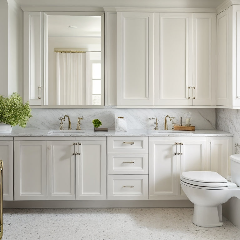 A serene white bathroom with a wall-mounted storage cabinet featuring three drawers in graduated sizes, adorned with polished chrome hardware, set against a backdrop of gleaming marble flooring and walls.