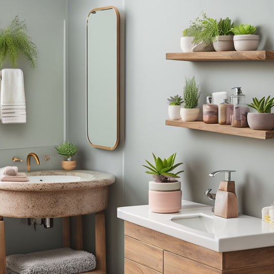 A modern bathroom featuring sleek, floating shelves made of reclaimed wood, adorned with potted succulents, neatly rolled towels, and stylish jars, all set against a calming pastel wall and a chic mirror.