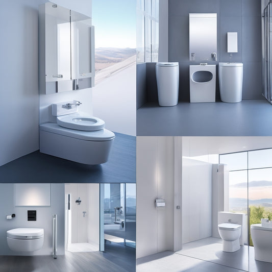 A sleek, modern bathroom with 5 toilets of varying shapes and sizes, each with unique features, such as heated seats, advanced bidets, and futuristic designs, against a minimalist white background.