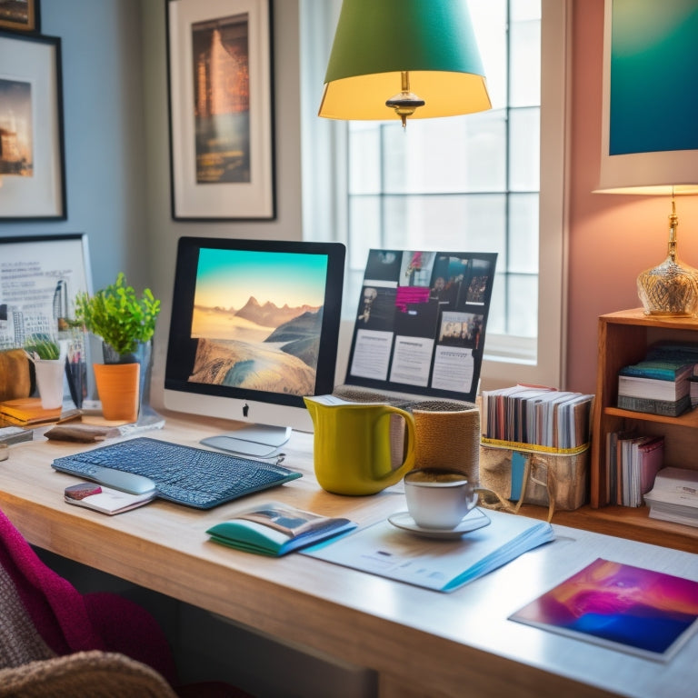 A colorful, organized desk with a laptop, a cup of steaming coffee, and a stack of neatly arranged folders and binders, surrounded by inspirational quotes on framed prints on the wall.