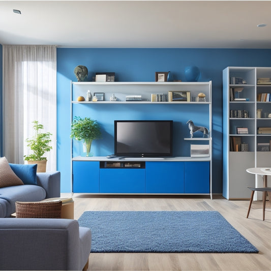 A modern living room with a floor-to-ceiling blue wall unit, comprising 5-7 cubbies, 2-3 shelves, and a TV mount, against a neutral-colored wall, surrounded by sleek, low-profile furniture and plenty of natural light.