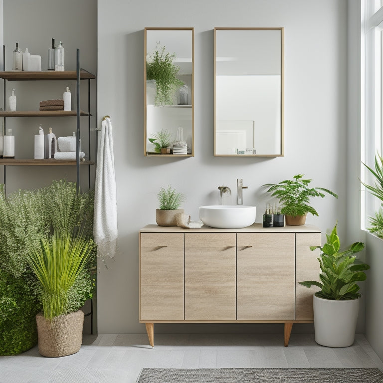 A modern bathroom with a minimalist sink, a large mirror, and a sleek cabinet with open shelves, showcasing a tiered storage unit, woven baskets, and a few decorative plants.