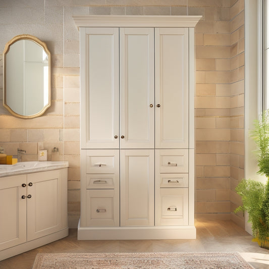 A modern bathroom with three differently styled floor-standing storage cabinets: a minimalist white cabinet with clean lines, a ornate wooden cabinet with carved details, and a sleek gray cabinet with chrome handles.