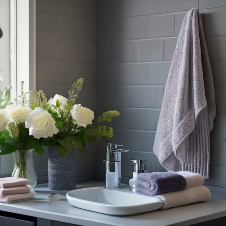 A clean, well-lit bathroom with a shelf lined with a sleek, gray liner, adorned with rolled towels, a decorative soap dispenser, and a few fresh flowers, with a subtle grid pattern on the wall.