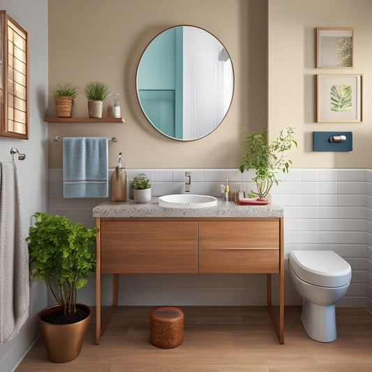 A modern bathroom with a large mirror above a floating shelf, holding a decorative vase and toiletries, beneath a wall-mounted sink and a round, wooden stool in the corner.