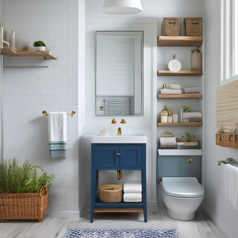 A modern bathroom with a wall-mounted cabinet featuring three glass shelves, a freestanding storage unit with woven baskets, and a pedestal sink with a recessed shelf underneath.