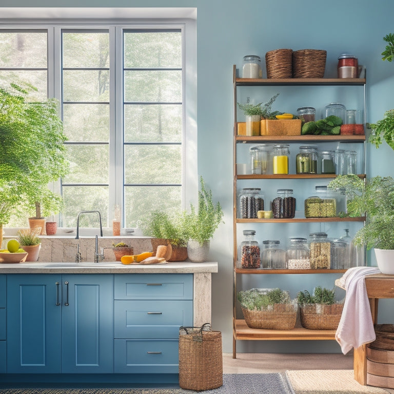 A bright, modern kitchen with a mix of open shelving and cabinets, featuring colorful, loopy font pantry labels on glass jars, baskets, and containers, surrounded by lush greenery and warm natural light.