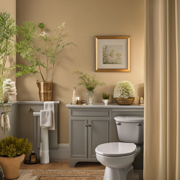 A serene bathroom scene with a toilet against a soft, gray-beige wall adorned with a mix of framed mirrors, botanical prints, and a delicate glass shelf holding a few decorative vases.