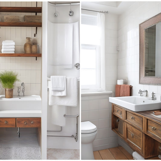 A before-and-after split-screen image: a cluttered, outdated bathroom shelf on the left, with rusty fixtures and worn wood, versus a modern, sleek, and organized shelf on the right, with chrome accents and a fresh coat of white paint.