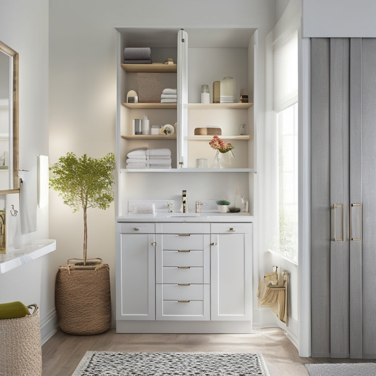 A modern, sleek bathroom with a wall-mounted cabinet featuring pull-out drawers, a recessed medicine cabinet with mirrored doors, and a freestanding shelf with woven baskets, surrounded by soft, natural light.